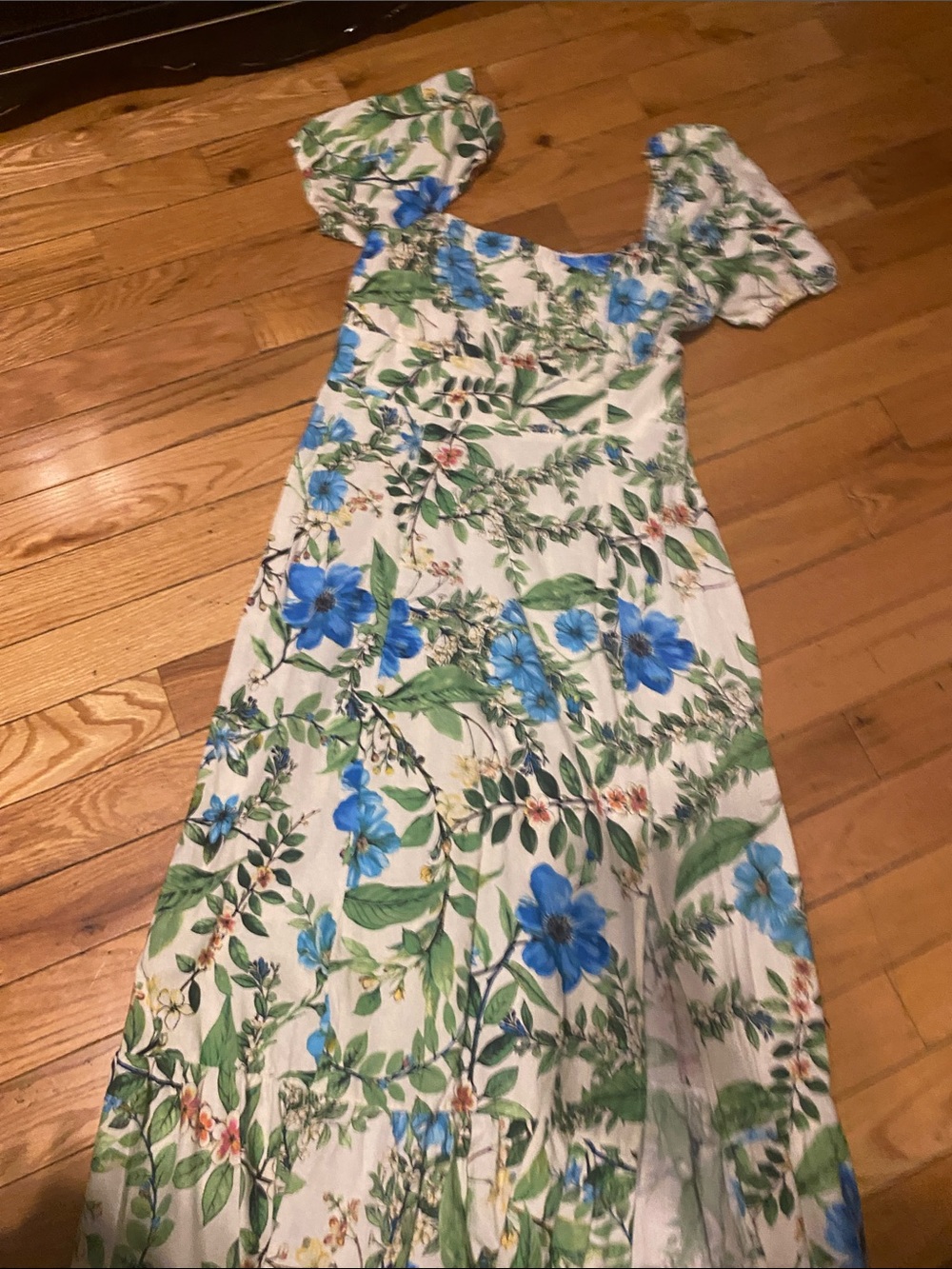 Floral Blue & Green Puff-Sleeve Maxi Dress